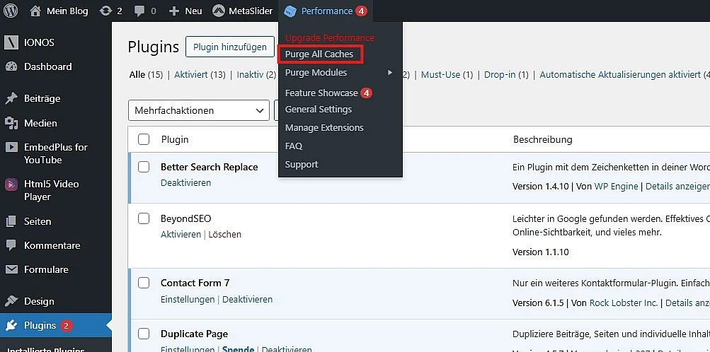 W3 Total Cache: Auswahlfunktion, über die sich der WordPress-Cache leeren lässt Bild: W3 Total Cache: Auswahlfunktion, über die sich der WordPress-Cache leeren lässt