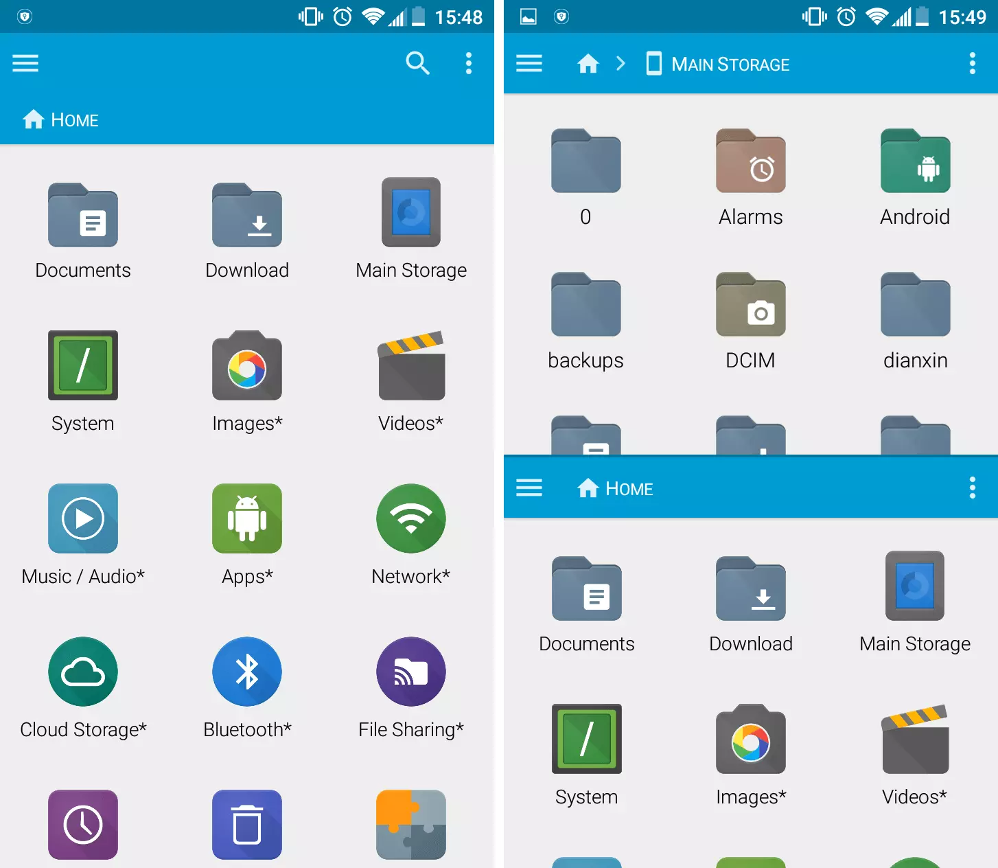 Bild: Hauptmenü und Zwei-Fenster-Modus von FX File Explorer