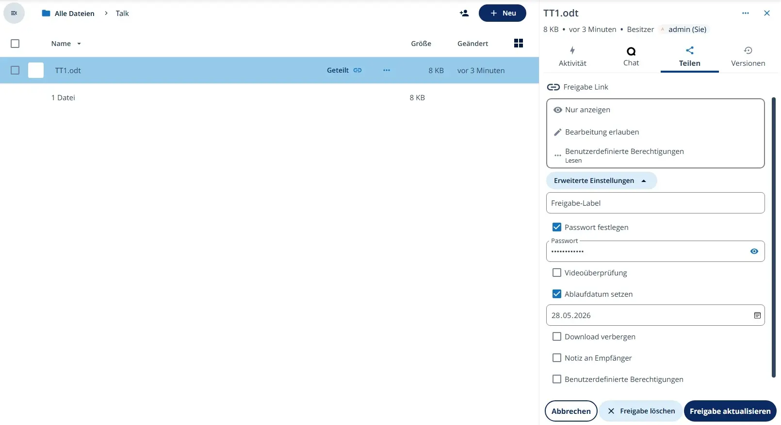 Bild: Nextcloud: benutzerdefinierte Berechtigungen bei der Dateifreigabe aktivieren