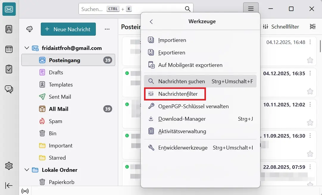 Bild: Thunderbird-Abwesenheitsnotiz: „Nachrichtenfilter“