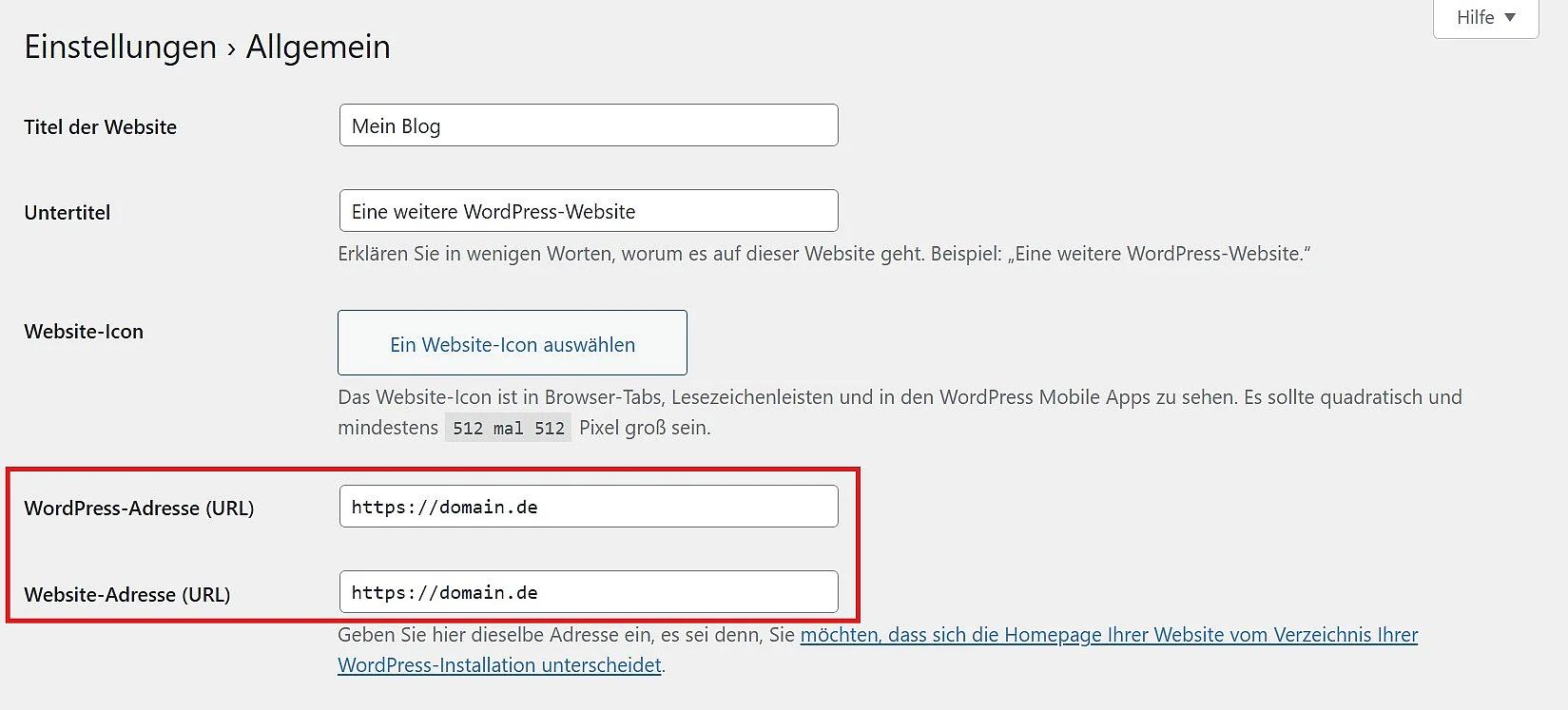 Bild: Allgemeine Einstellungen im Admin-Bereich von WordPress