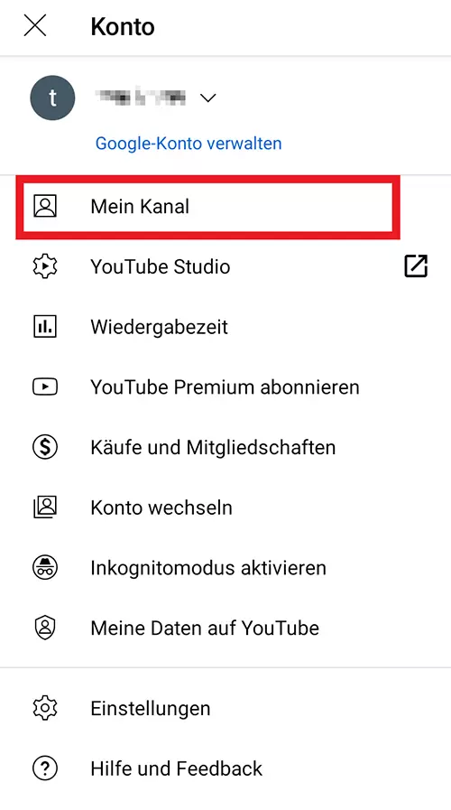 YouTube-App: „Mein Kanal“-Eintrag im Schnellmenü