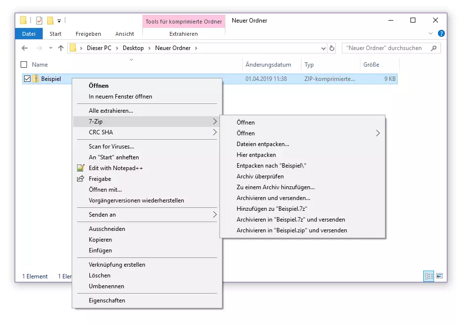 Bild: 7-Zip-Integration im Kontextmenü des Windows-Dateimanagers