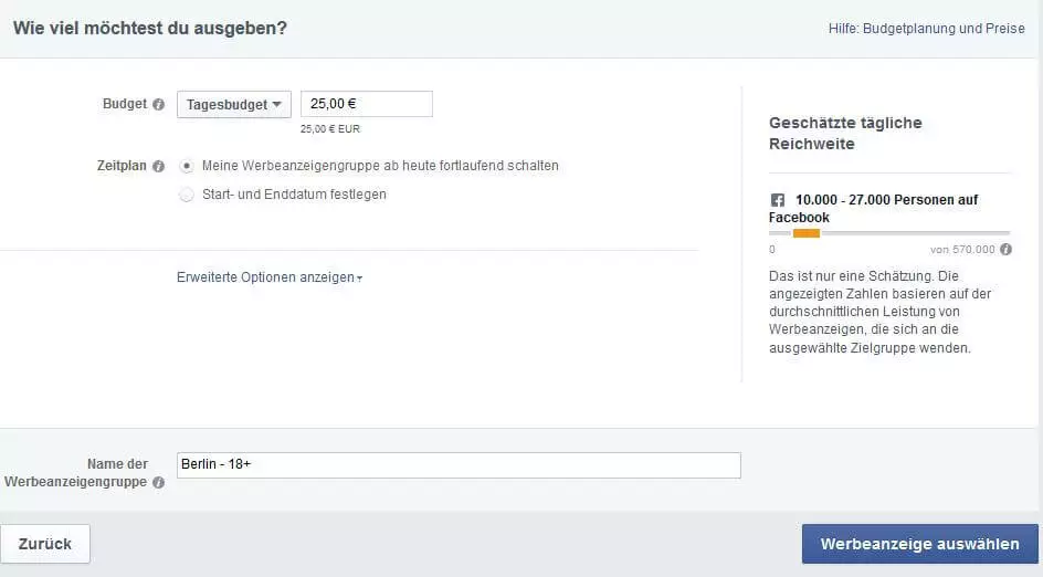 Budget und Zeitplan für Facebook Ads