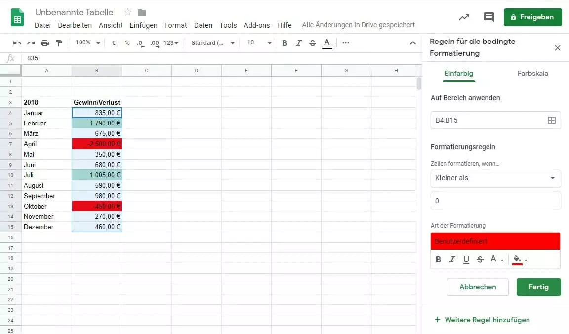Bild: Google-Sheets-Tabelle mit zwei Formatierungsregeln