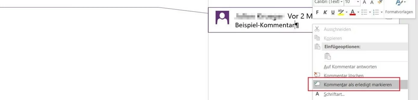 Bild: „Kommentar als erledigt markieren“ in Word 2016