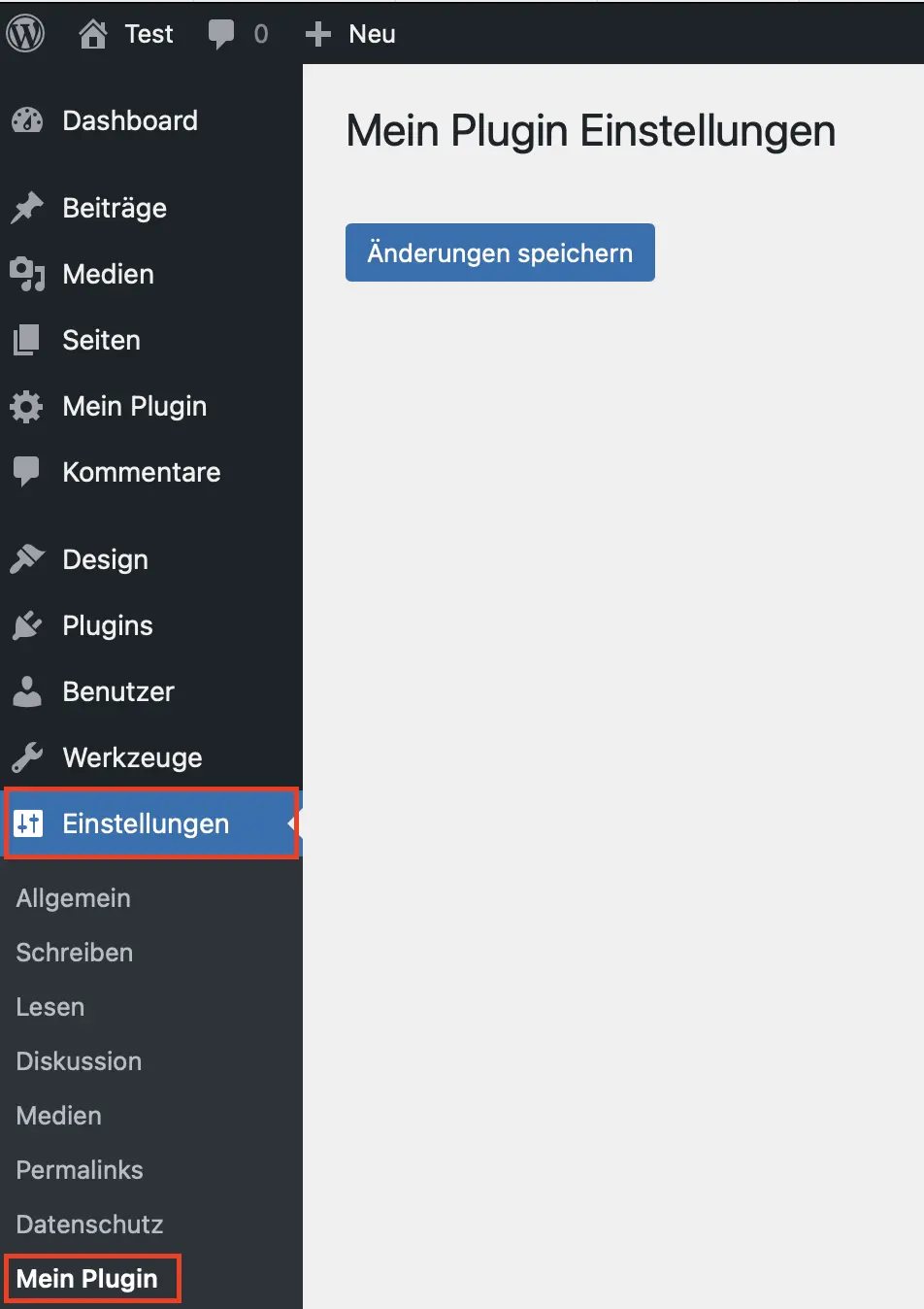 Bild: Sie haben nun eine eigene Einstellungsseite für Ihr entwickeltes Plugin.