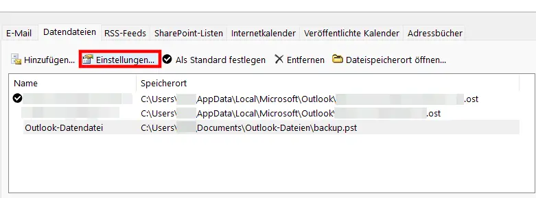 Bild: Auflistung der Outlook-Datendateien