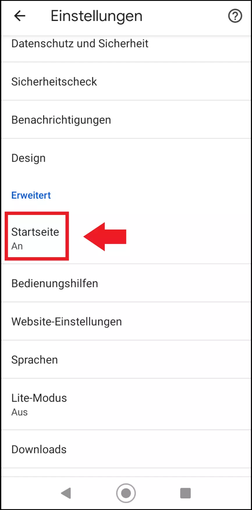 Bild: Gehen Sie auf „Startseite“ im Einstellungen-Menü der Chrome-App