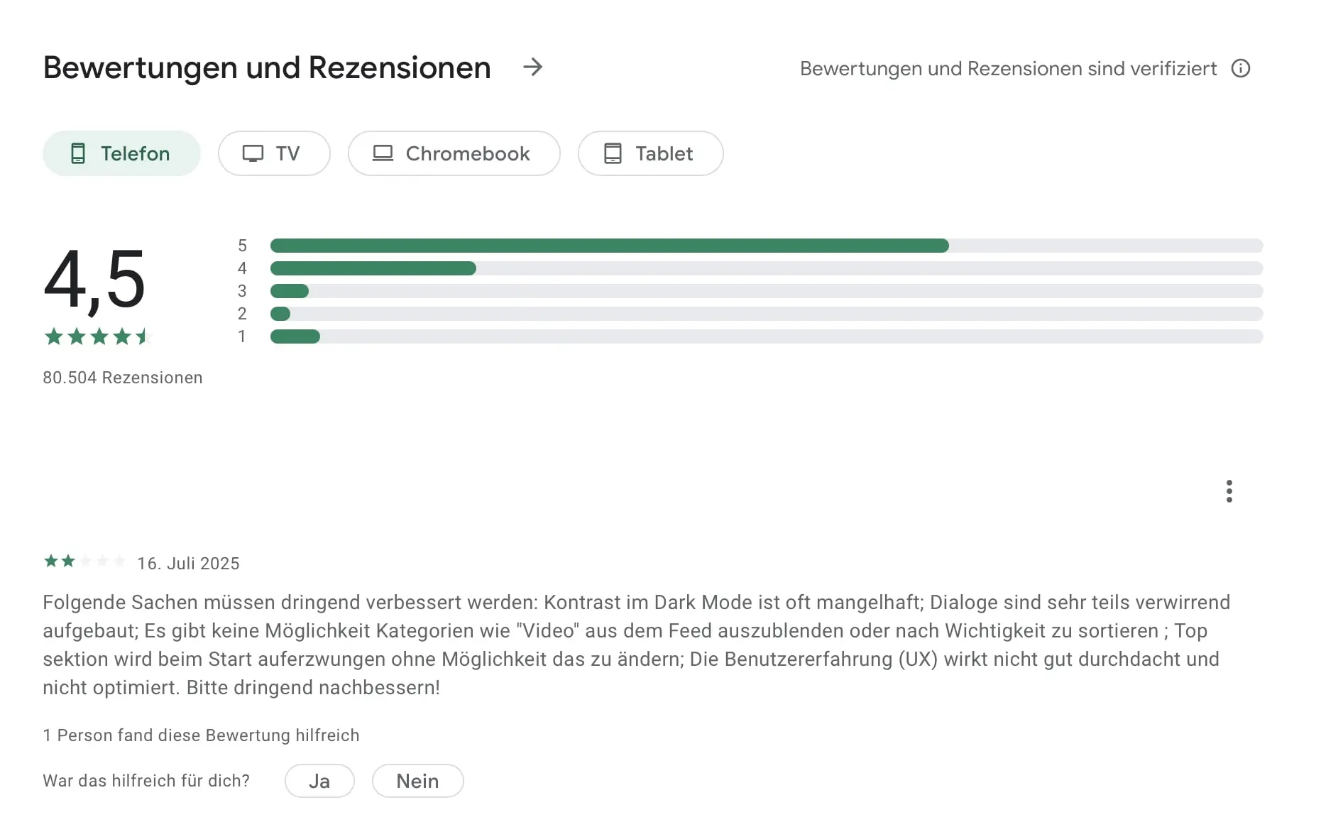 Bild: Screenshot einer App-Bewertung im Google Play-Store