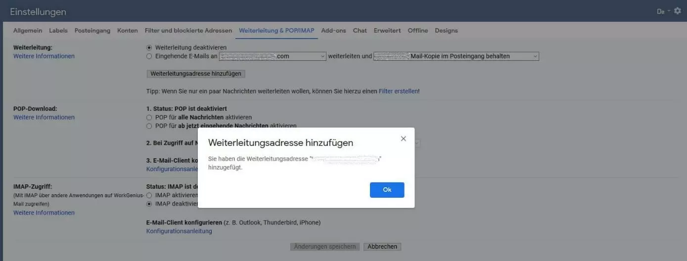 Bild: Bestätigungsfenster der Gmail-Weiterleitung