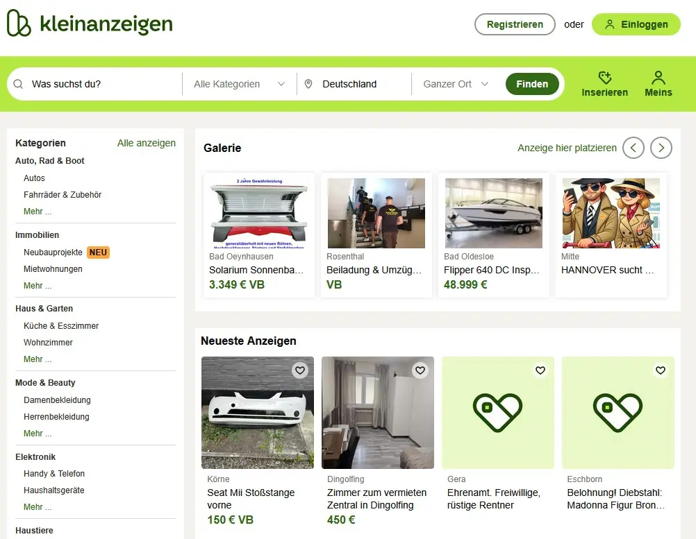 Bild: Startseite von Kleinanzeigen