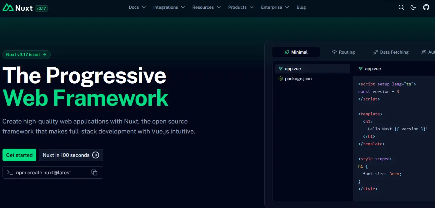 Screenshot der Website von Nuxt Bild: Screenshot der Website von Nuxt