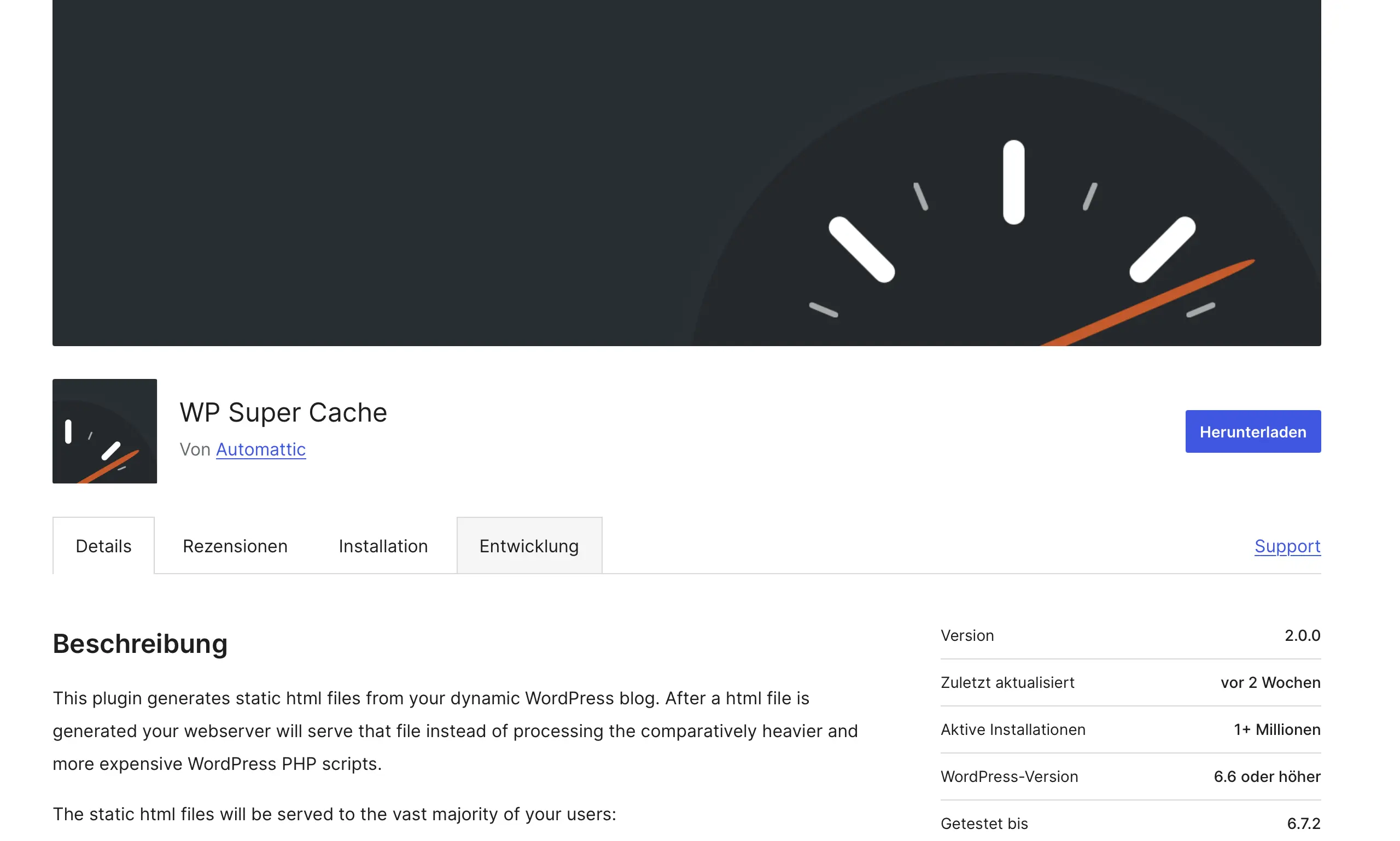 Das WordPress-Caching-Plugin WP Super Cache auf WordPress.org Bild: Das WordPress-Caching-Plugin WP Super Cache auf WordPress.org