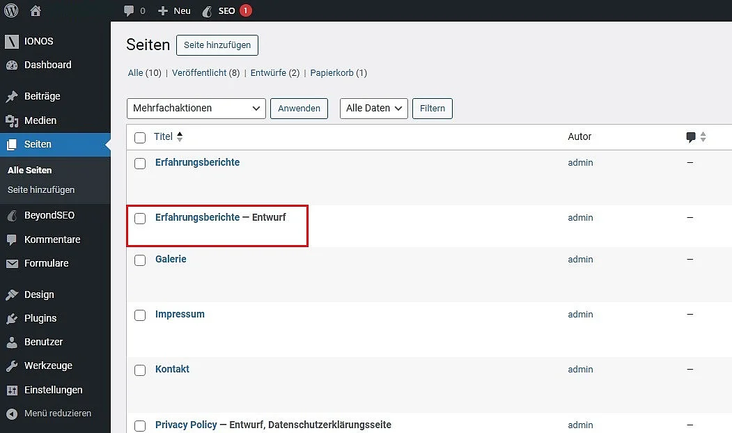 WordPress-Backend: Mit Yoast duplizierte Seite Bild: WordPress-Backend: Mit Yoast duplizierte Seite