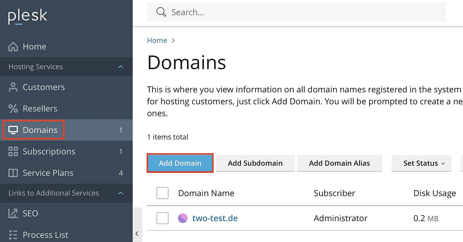 Bild: Plesk: Domain hinzufügen