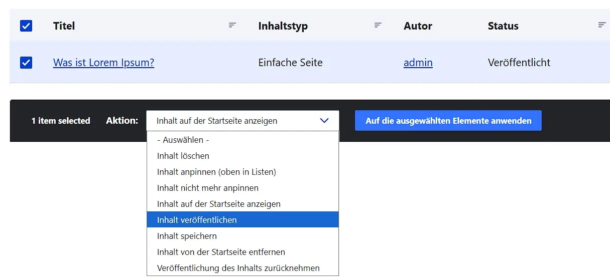 Ausgewählte Drupal-Test-Seite im Menü „Inhalt“ Bild: Ausgewählte Drupal-Test-Seite im Menü „Inhalt“