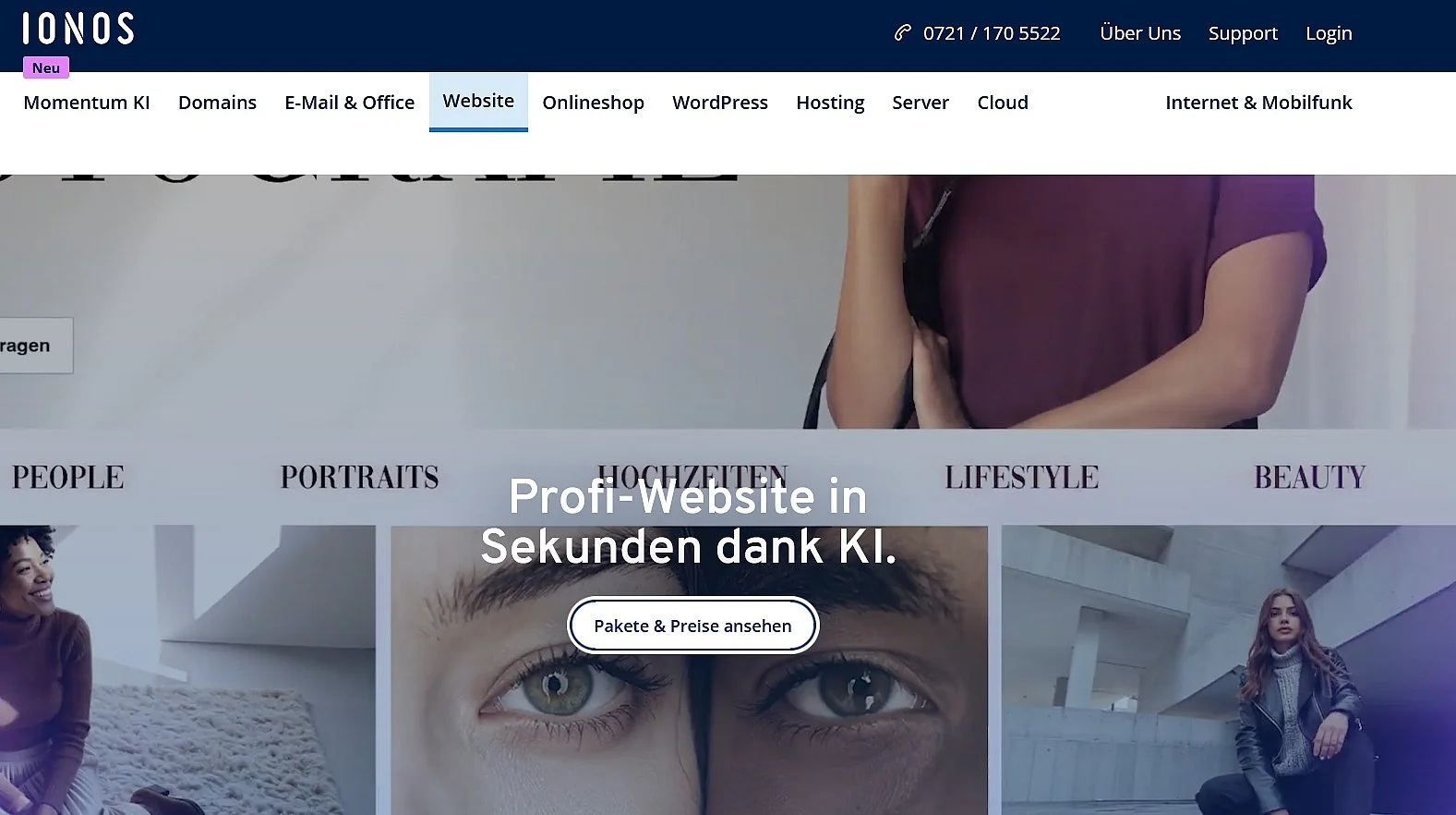 Screenshot der Landingpage des IONOS KI Homepage-Baukastens Bild: Screenshot der Landingpage des IONOS KI Homepage-Baukastens
