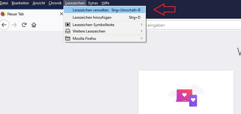 Bild: Screenshot Firefox-Browser „Lesezeichen verwalten“