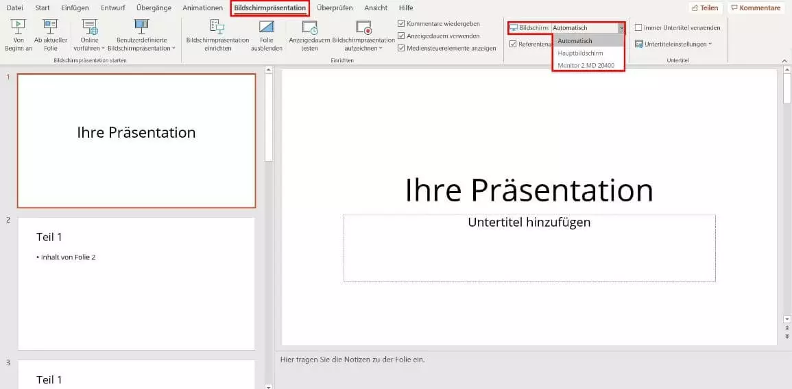 Bild: PowerPoint-Präsentationsbildschirm auswählen