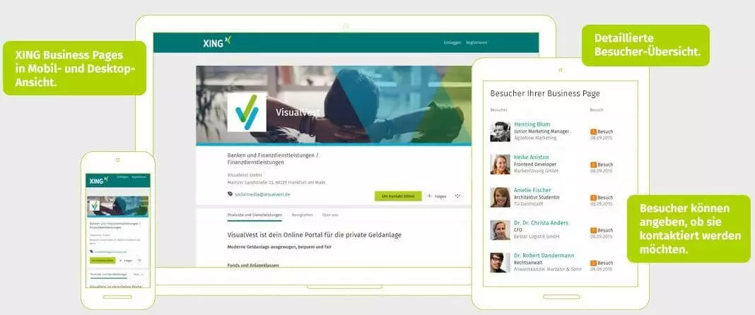 Bild zeigt eine XING Business Page in der Desktop- und Mobilansicht