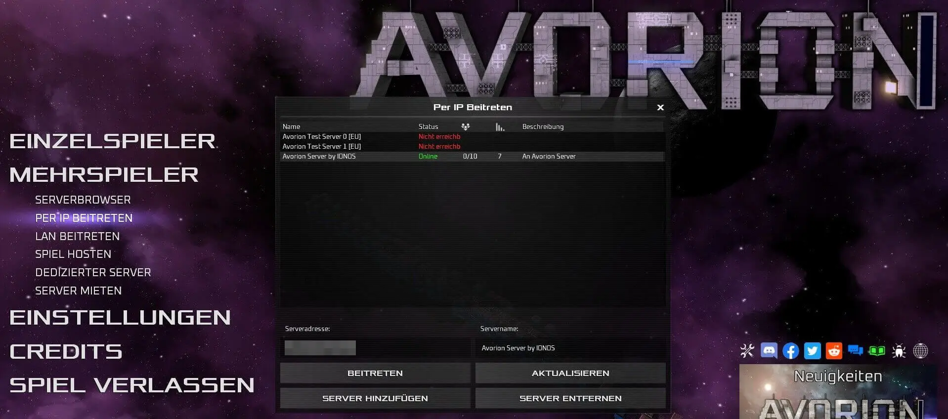Bild: Avorion-Server per IP beitreten
