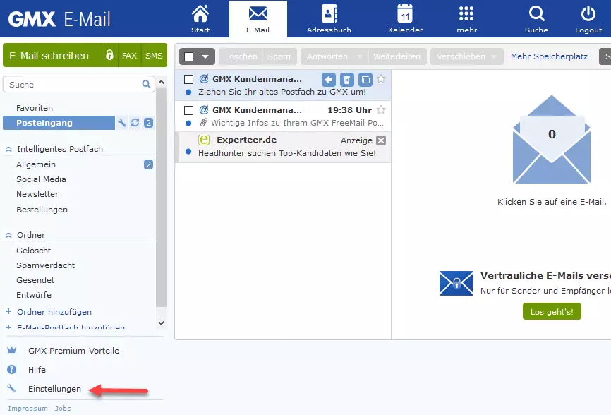 Menü „Einstellungen“ im GMX-Client