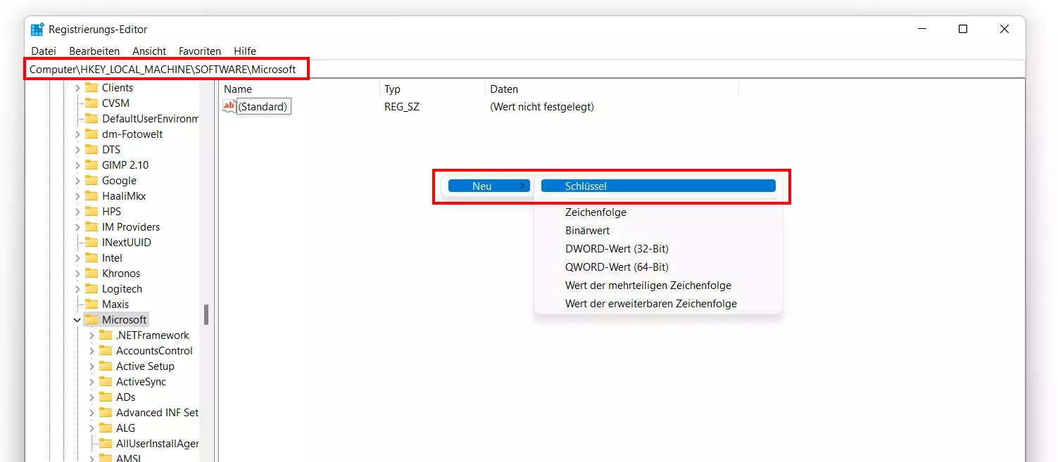 Registry-Editor: Neuen Schlüssel anlegen