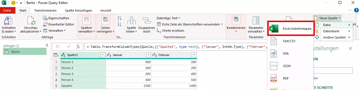 Excel-Tabelle über „Neue Quelle“, „Datei“ und „Excel“ importieren Excel-Tabelle über „Neue Quelle“, „Datei“ und „Excel“ importieren