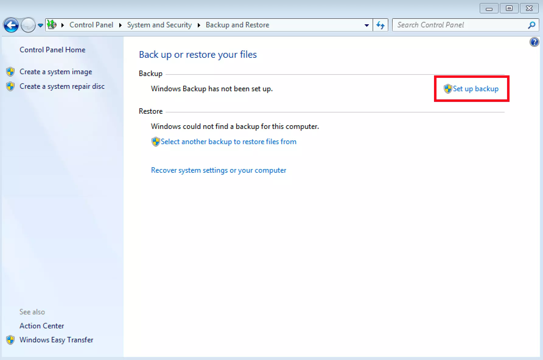 Menü zur Datensicherung unter Windows 7