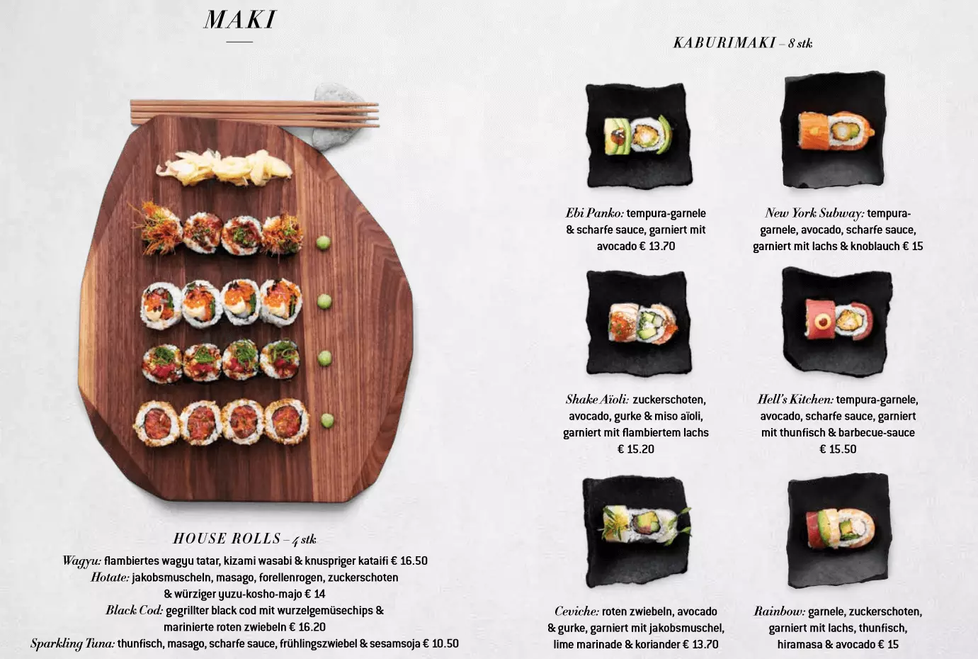 Speisekarte mit ansprechenden Produktfotos von Sushi