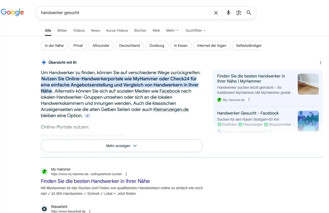 Google-Suche: „Handwerker gesucht“ Bild: Google-Suche: „Handwerker gesucht“