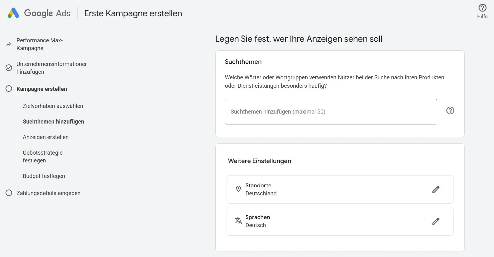Bild: Einrichtung der ersten Performance-Max-Kampagne