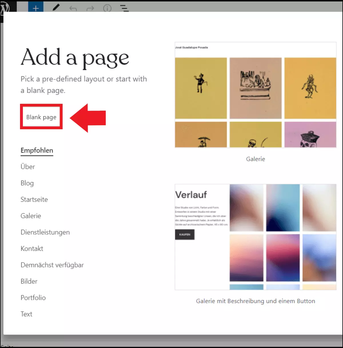 Bild: Die WordPress-Funktion „Blank page“ zur Seitenerstellung