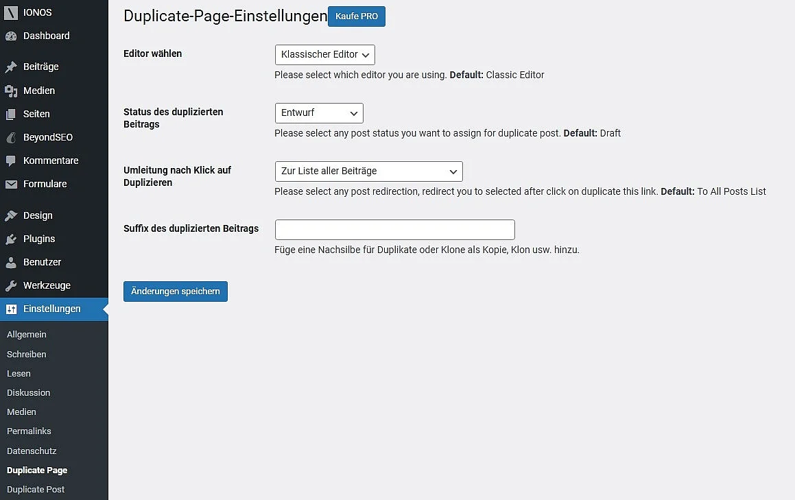 Einstellungsmöglichkeiten für Duplicate Page Bild: Einstellungsmöglichkeiten für Duplicate Page