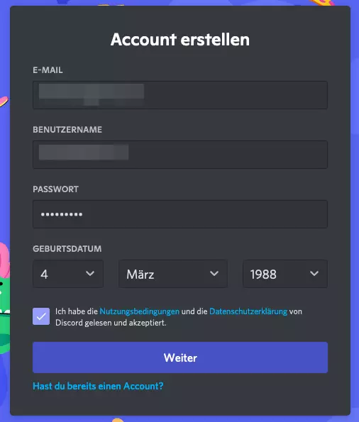 Bild: Persönliche Daten für die Discord-Registrierung