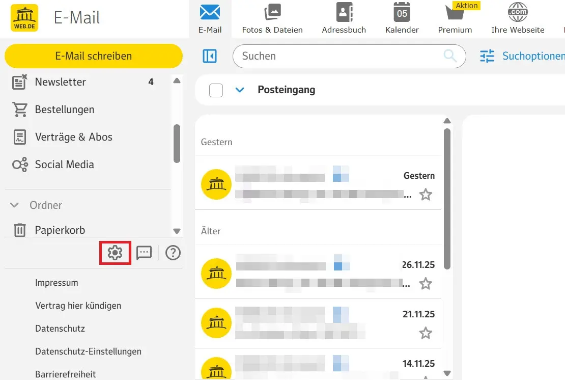 Bild: Die Einstellungen bei WEB.DE aufrufen