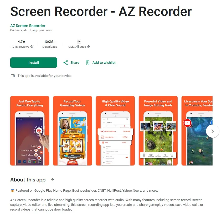 Screenshot-Tool AZ Screen Recorder im Google Play Store Bild: Screenshot-Tool AZ Screen Recorder im Google Play Store