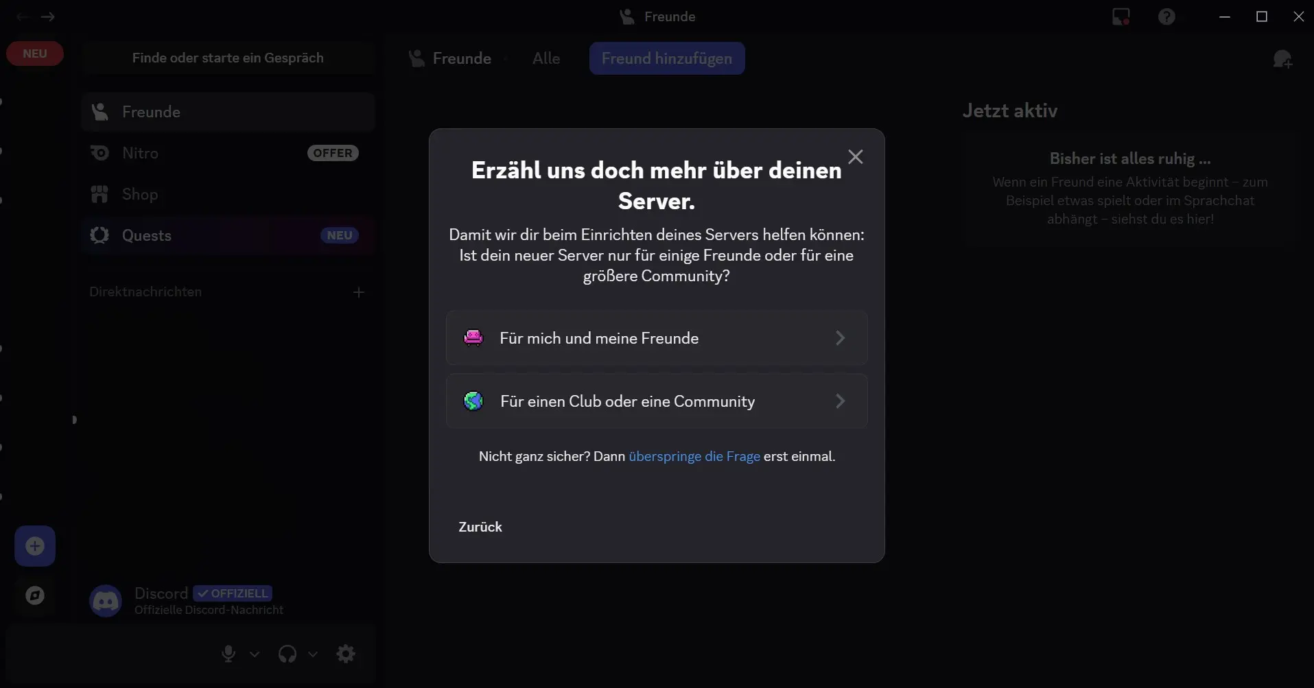 Legen Sie fest, für wen der Server genutzt wird oder überspringen Sie die Frage Bild: Legen Sie fest, für wen der Server genutzt wird oder überspringen Sie die Frage