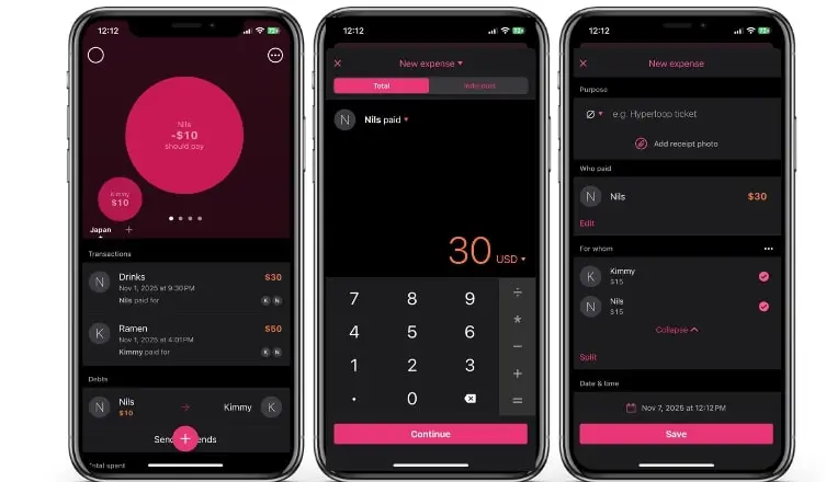 Bild: Ansichten der Settle-Up-App: Gruppe &ndash; Teilnehmer &ndash; Schulden begleichen