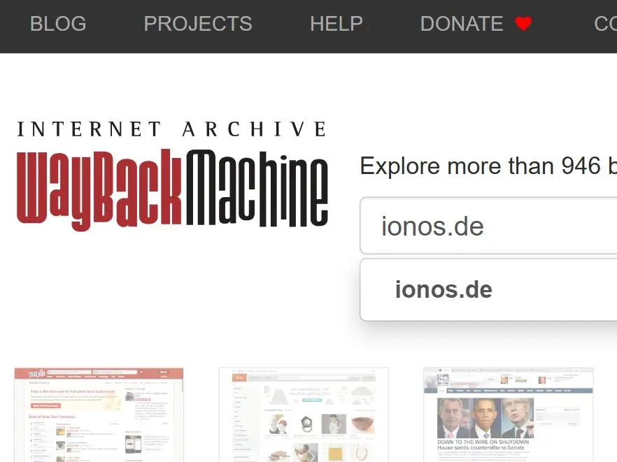 Bild: Suchleistenfunktion der Wayback Machine