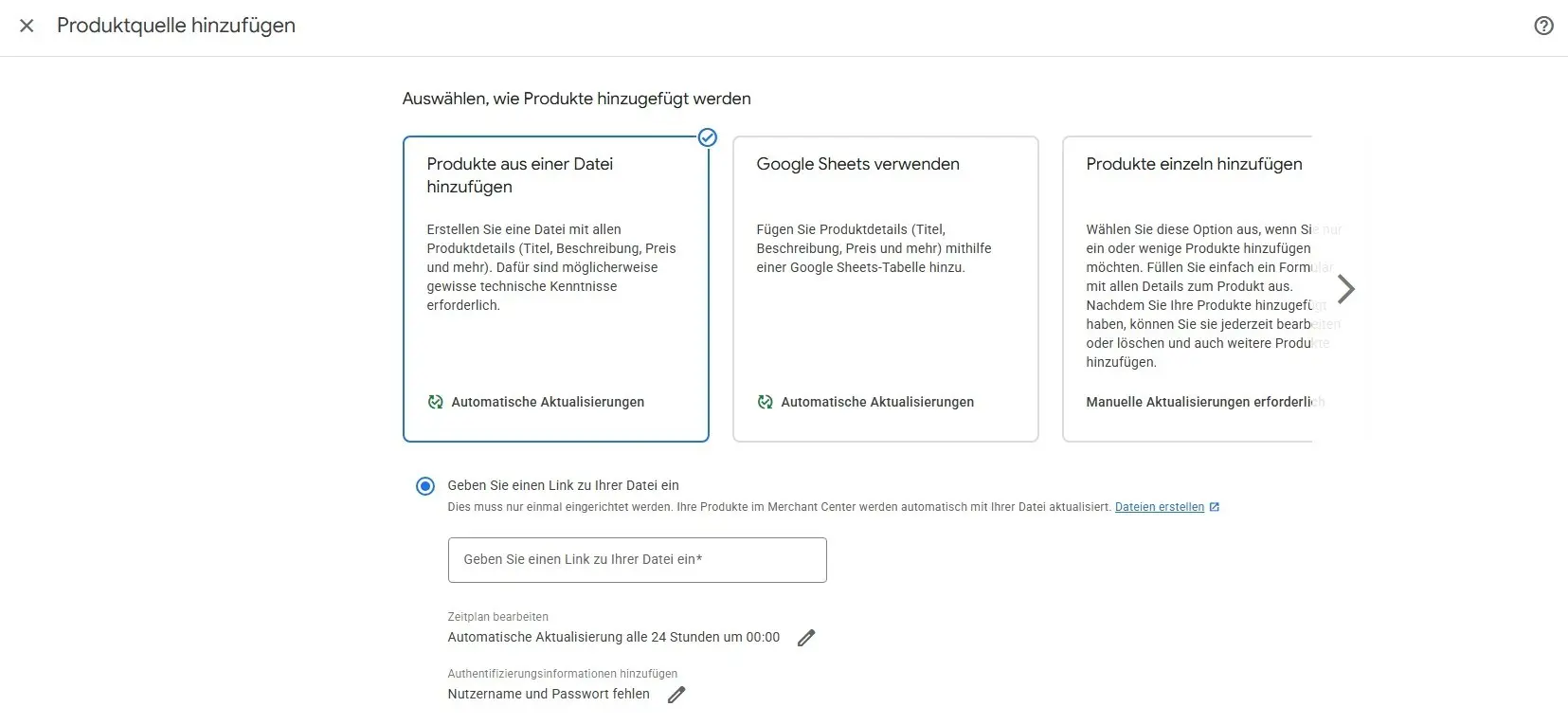 Bild: Optionen zum Produktdatenimport im Google Merchant Center Next