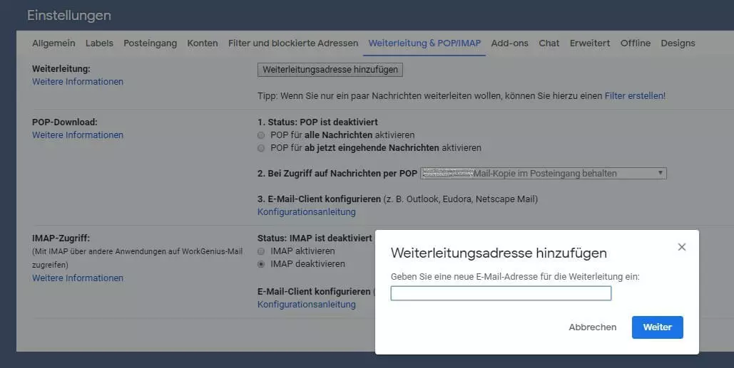 Bild: Weiterleitungsadresse hinzufügen bei Gmail