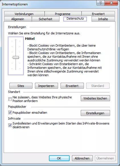 Bild: Internet Explorer: Fenster der Internetoptionen und Cookie-Einstellungen