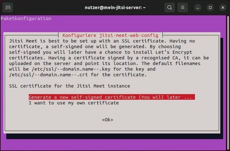 Bild: Jitsi-Server-Installation: SSL/TLS-Zertifikaterstellung bzw. -angabe