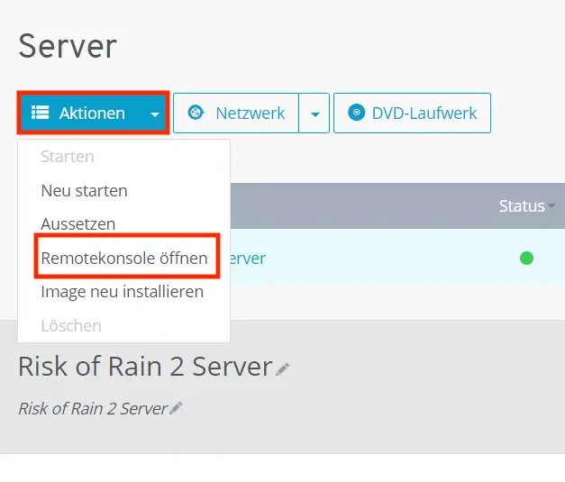 Bild: Screenshot des IONOS Cloud Panels: Remotekonsole öffnen