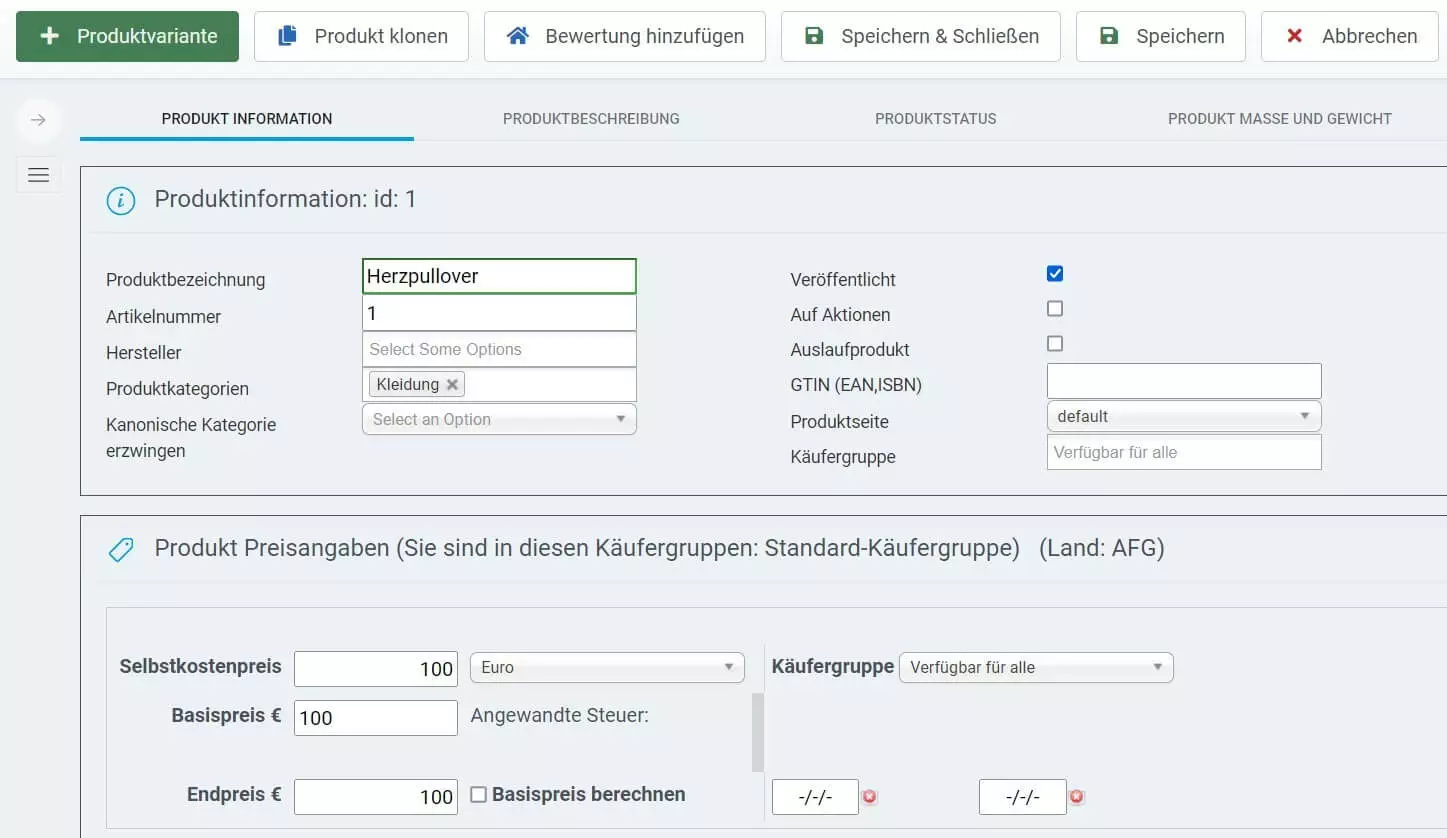 Definition der Produktinformationen mit VirtueMart