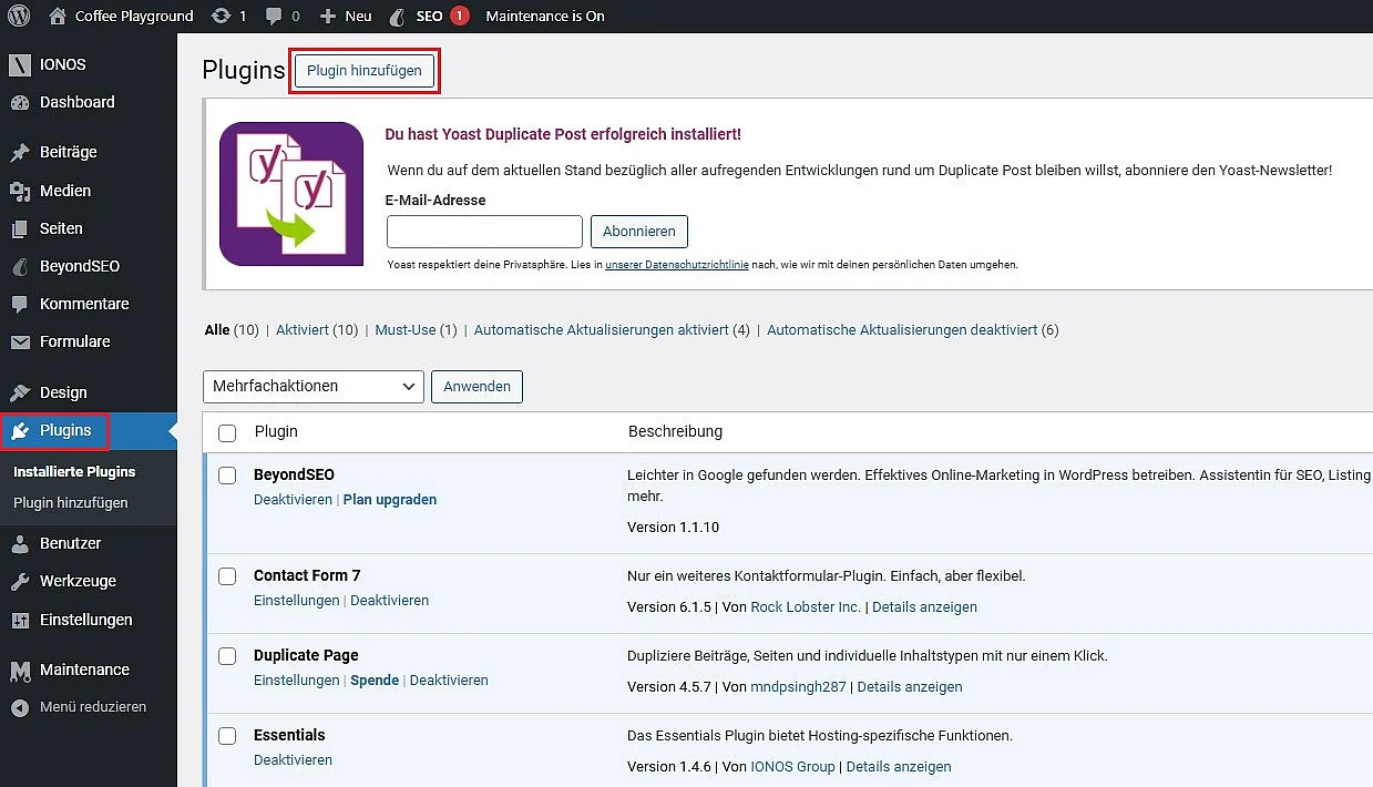 Plugins-Bereich im WordPress-Backend Bild: Plugins-Bereich im WordPress-Backend
