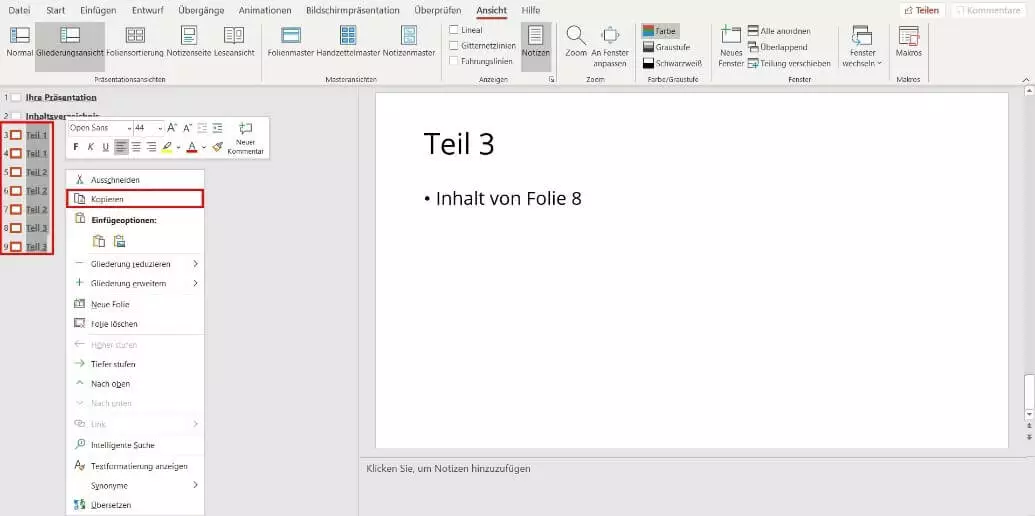 PowerPoint-Inhaltsverzeichnis erstellen: Gliederung kopier