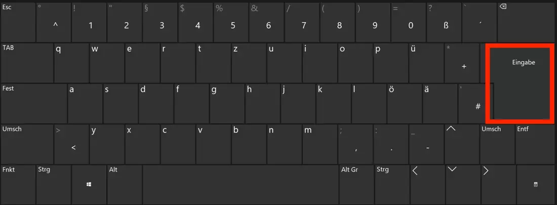 Deutsche Tastaturansicht mir rot markierter Eingabetaste